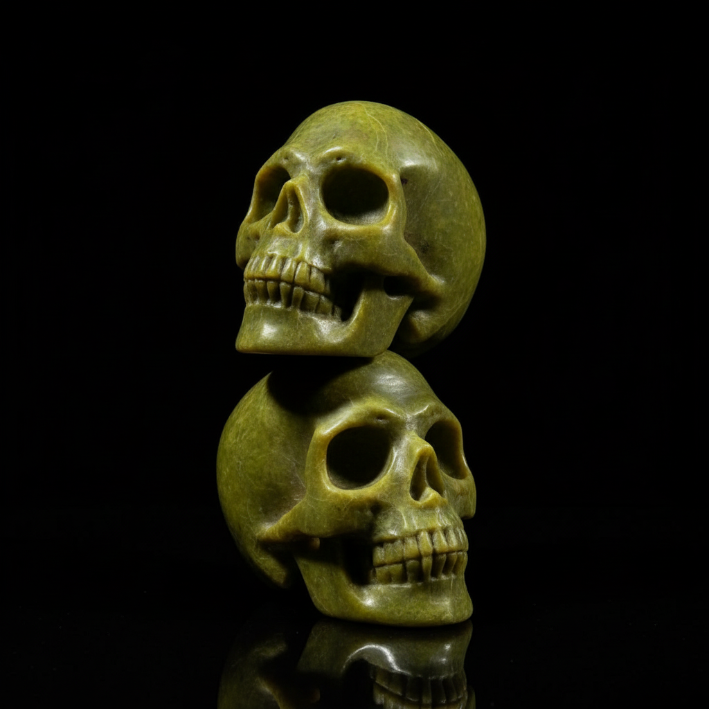 Two serpentine skulls stacked vertically black background - light yellowish-green carved stone