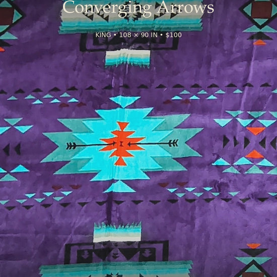 Converging Arrows King commercial: approximately 108 × 90 inches, $100, 100% acrylic, two-ply reversible, 9.6 seconds.