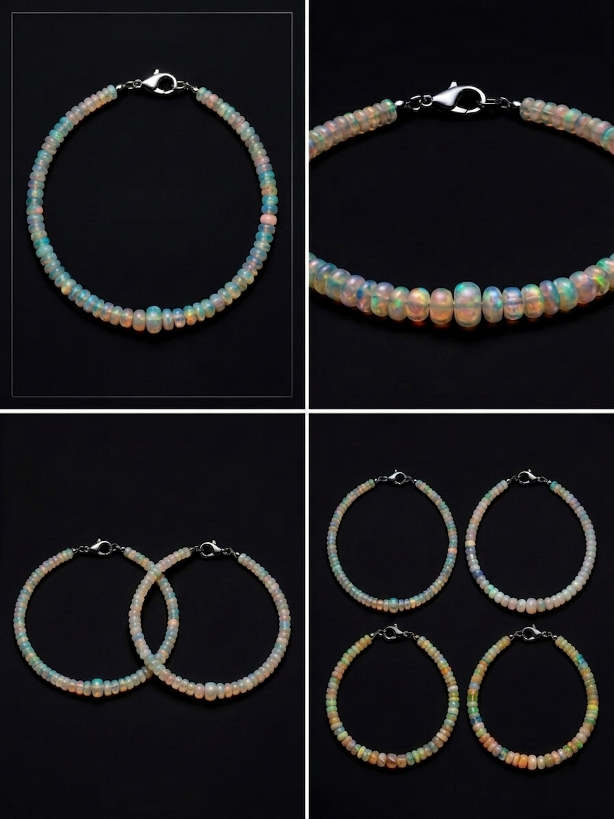 Australian White Opal Graduated Rondelle Bracelet | Natural Prismatic Fire | Sterling Silver Clasp