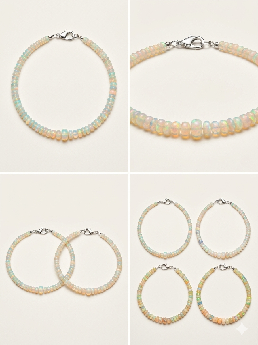 Australian White Opal Graduated Rondelle Bracelet | Natural Prismatic Fire | Sterling Silver Clasp