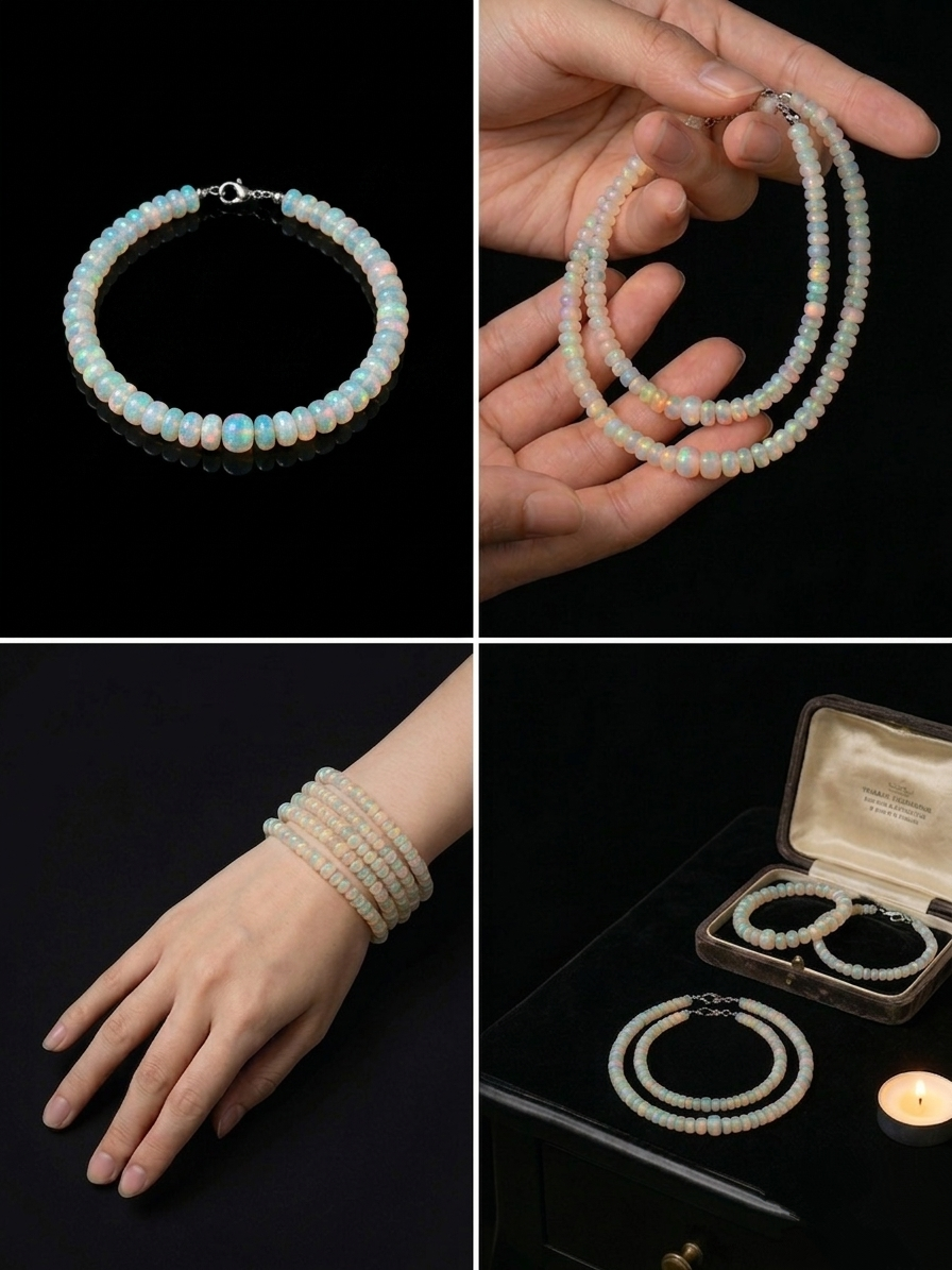 Australian White Opal Graduated Rondelle Bracelet | Natural Prismatic Fire | Sterling Silver Clasp