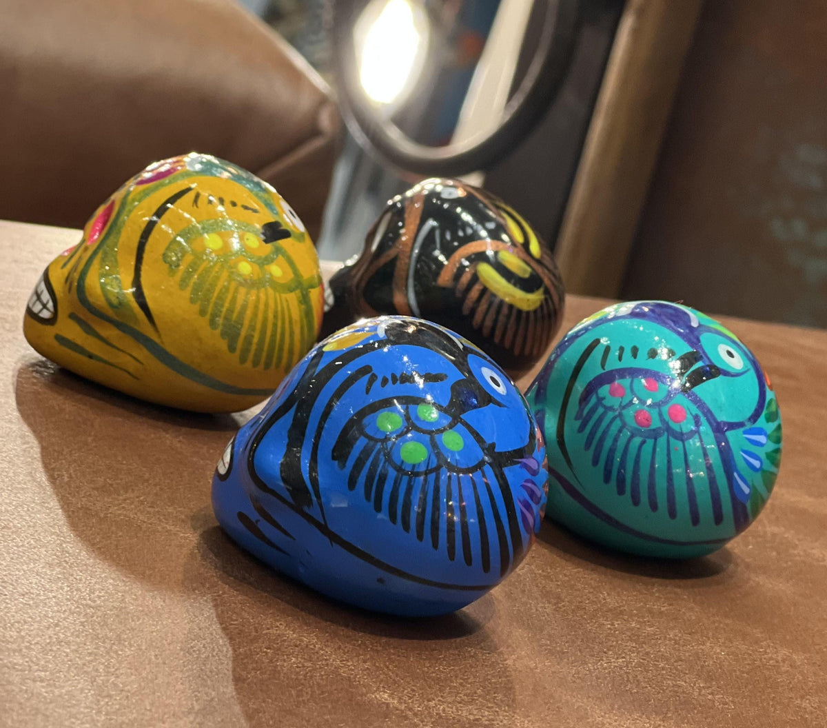 Small hand-painted terra cotta sugar skull, glossy Mexican ceramic design, product view 5