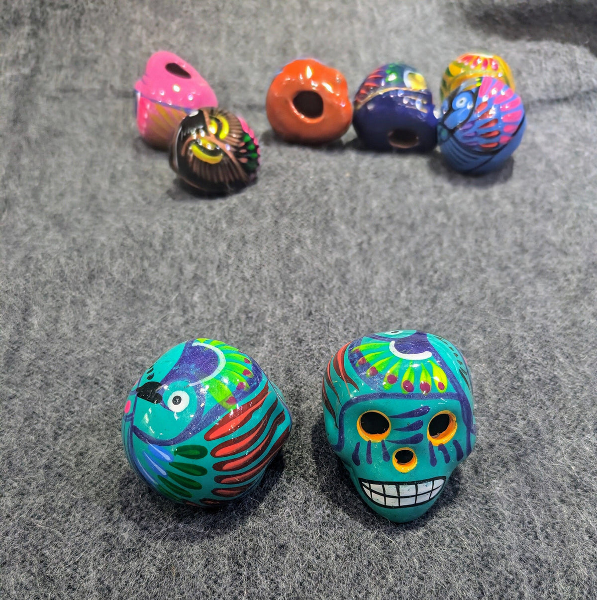 Small hand-painted terra cotta sugar skull, glossy Mexican ceramic design, product view 8