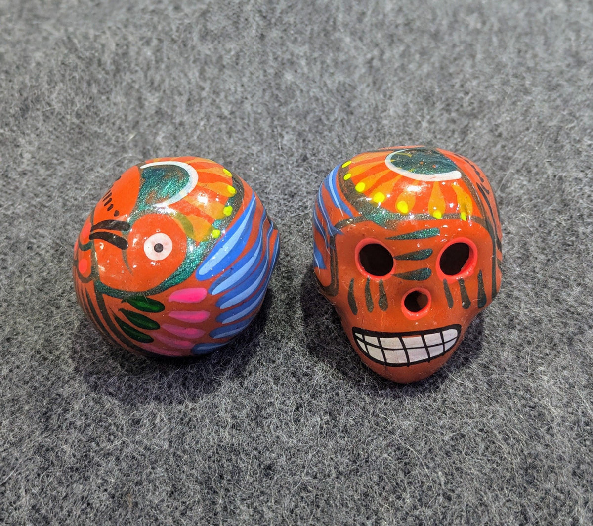 Small hand-painted terra cotta sugar skull, glossy Mexican ceramic design, product view 9