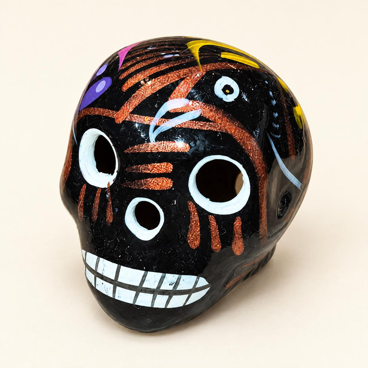 Small hand-painted terra cotta sugar skull, glossy Mexican ceramic design, product view 13