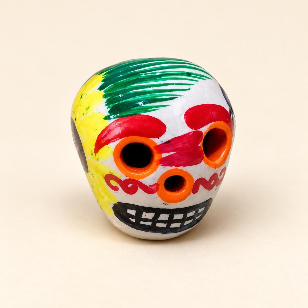 Small hand-painted terra cotta sugar skull, glossy Mexican ceramic design, product view 14