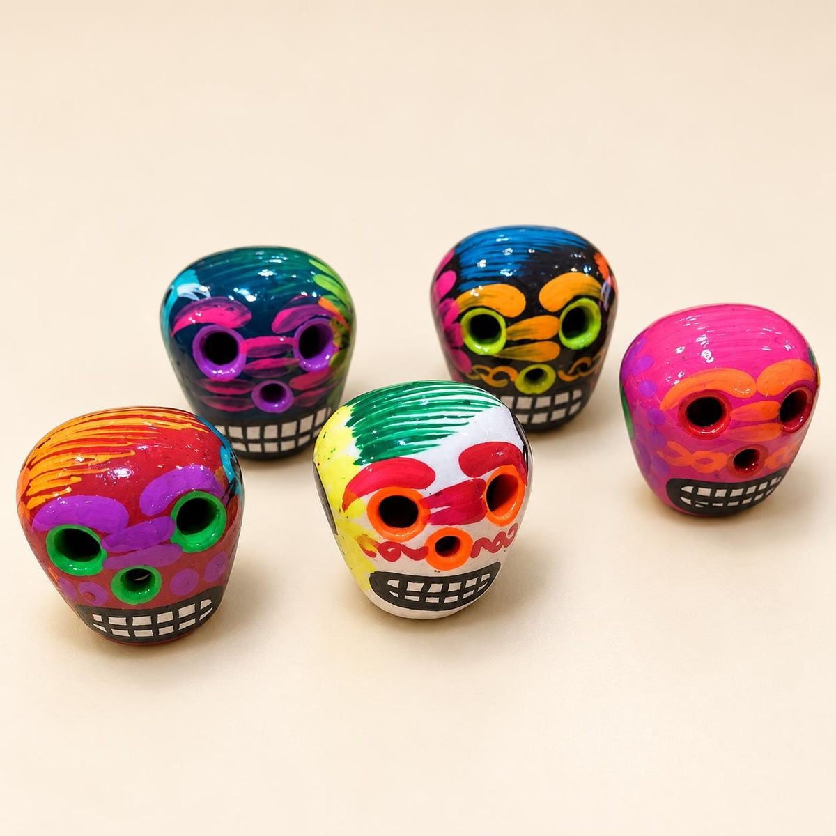 Small hand-painted terra cotta sugar skull, glossy Mexican ceramic design, product view 15