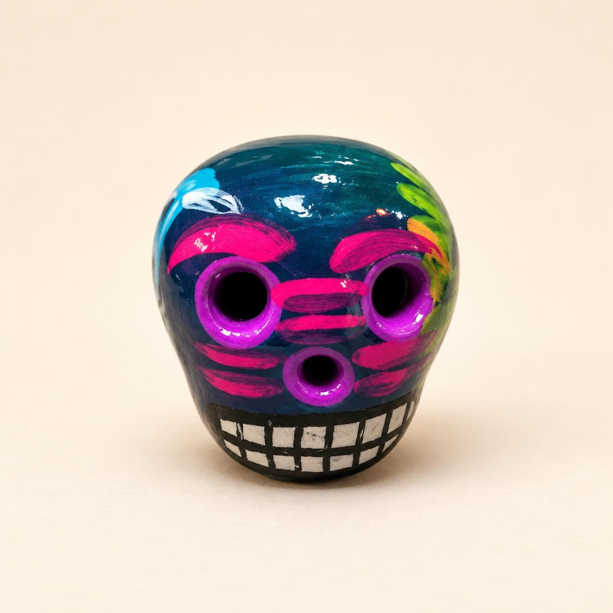 Small hand-painted terra cotta sugar skull, glossy Mexican ceramic design, product view 16