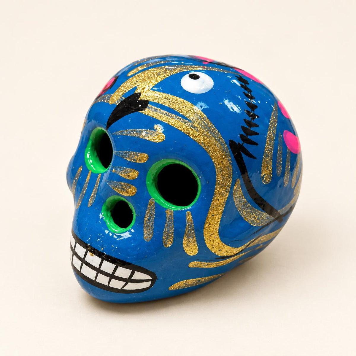 Small hand-painted terra cotta sugar skull, glossy Mexican ceramic design, product view 17