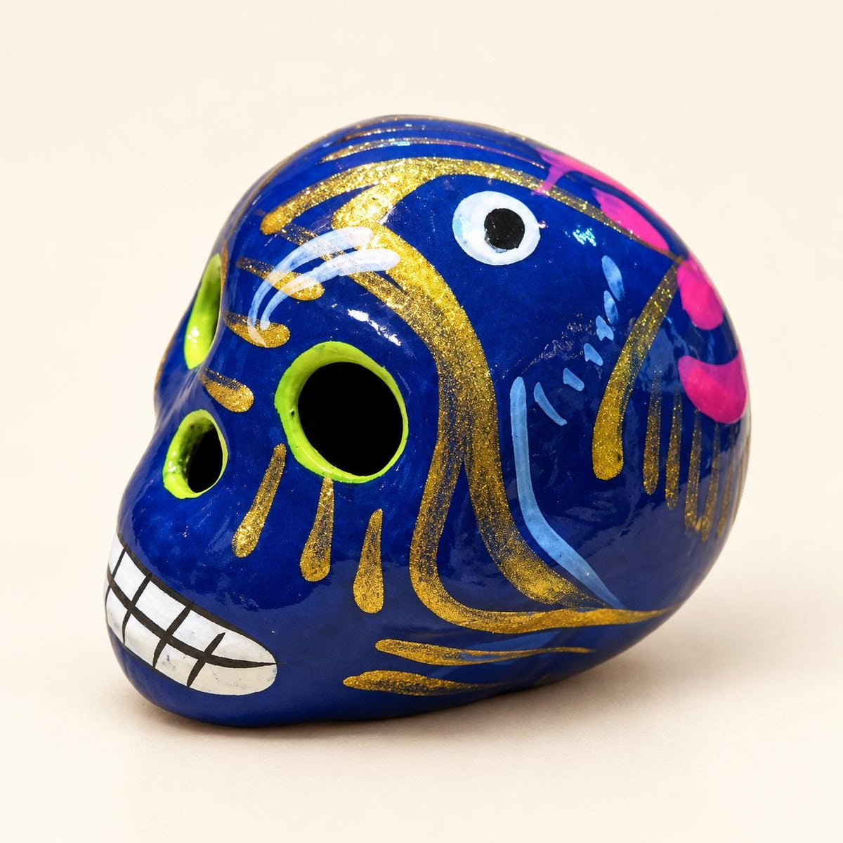 Small hand-painted terra cotta sugar skull, glossy Mexican ceramic design, product view 18