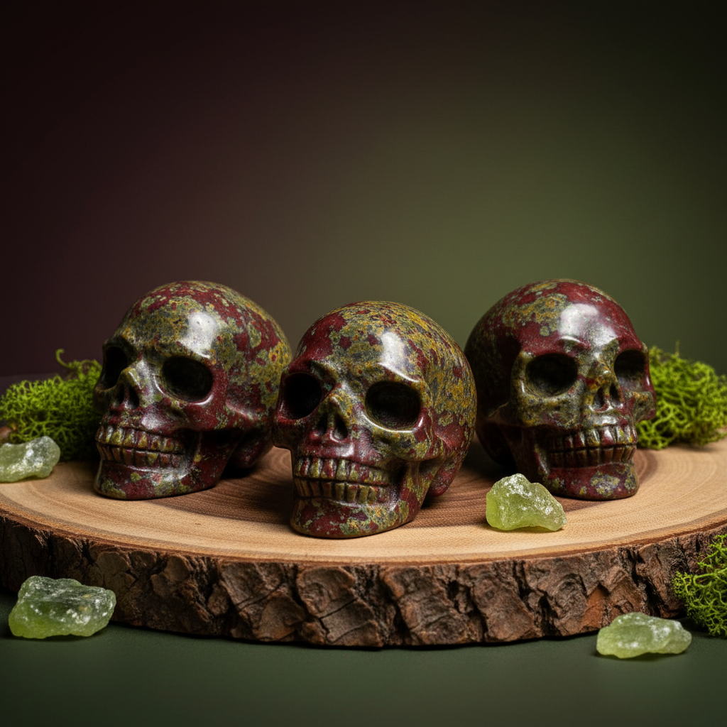 Three Dragon Blood Jasper Skulls - Accurate Colors